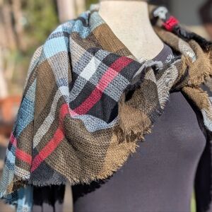 Brown Lightweight Knit Plaid Shawl Wrap Scarf